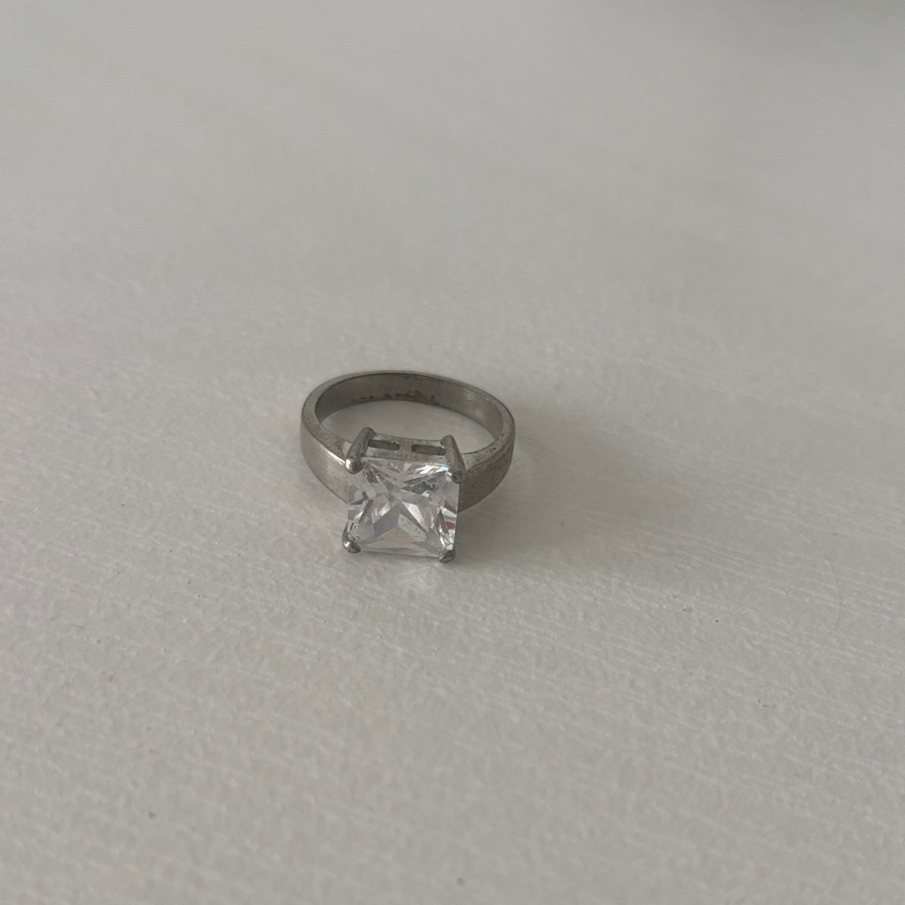 Silver-Tone Ring with Clear Square Stone - Unbranded